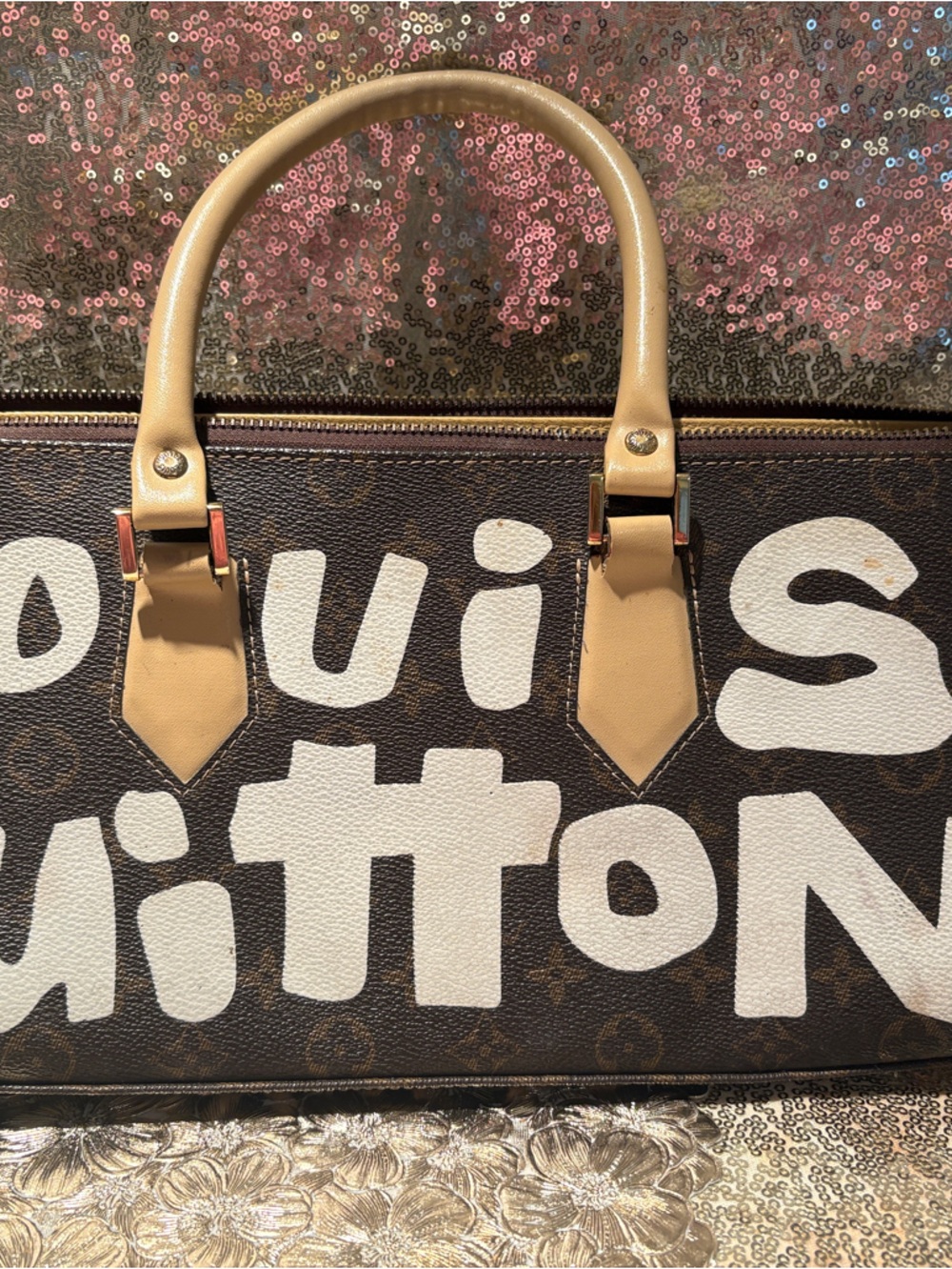 Designer-Inspired Brown Monogram Satchel with Cream Graffiti Accents